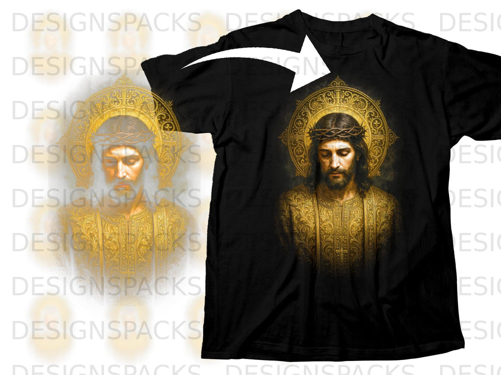Black t-shirt with a golden print of Jesus Christ wearing a crown of thorns.