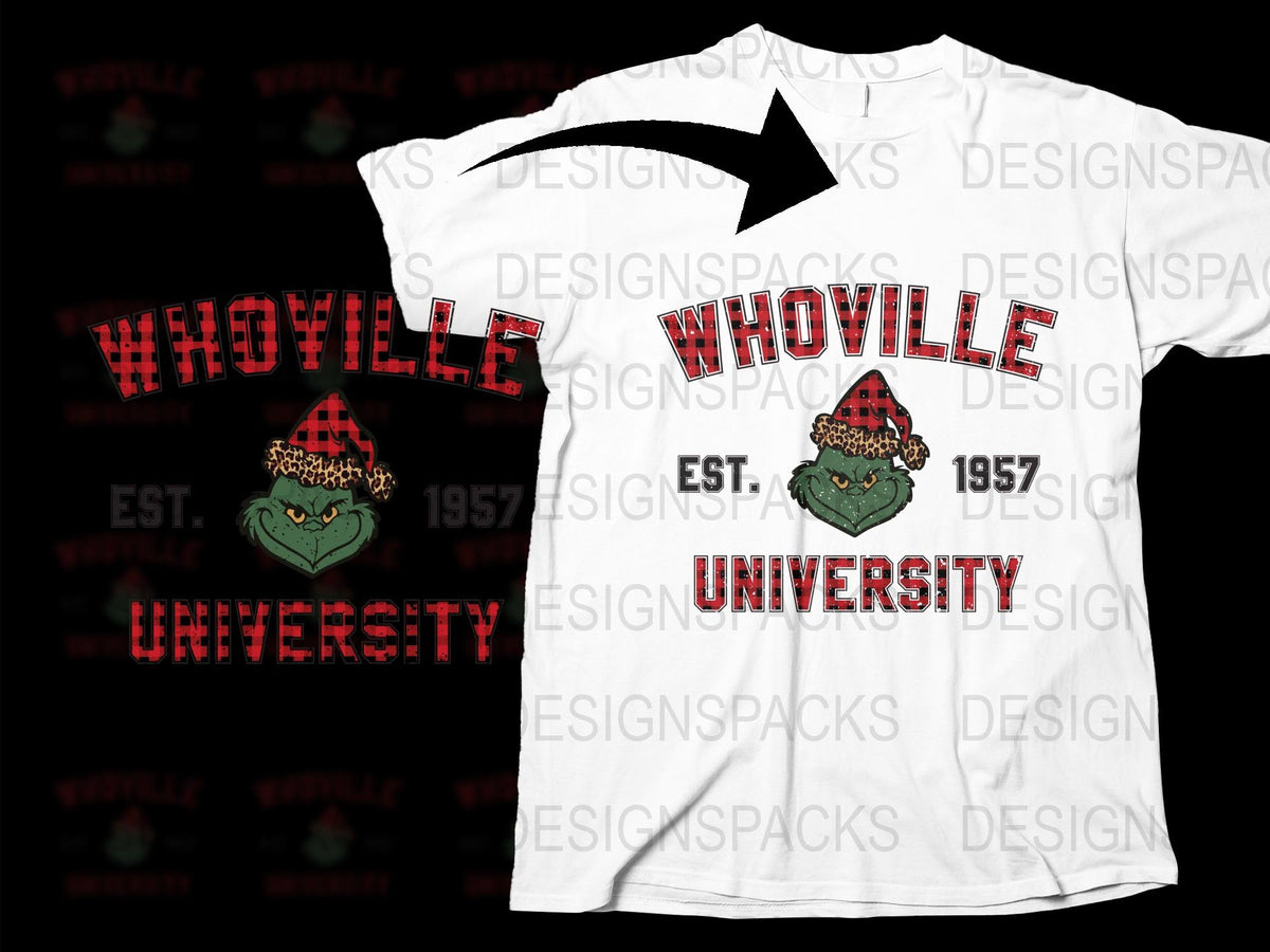 Whoville University T-Shirt, Christmas Holiday Themed, Grinch Inspired, Festive Graphic Tee, Unisex Adult Clothing