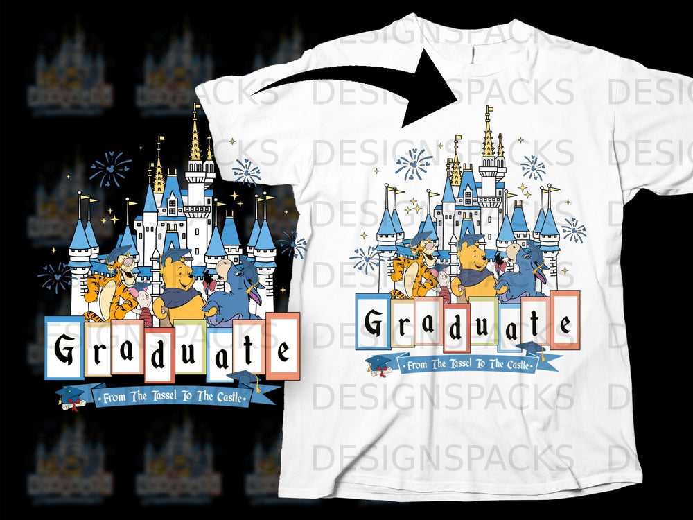 Winnie the Pooh characters with castle and "Graduate" text.