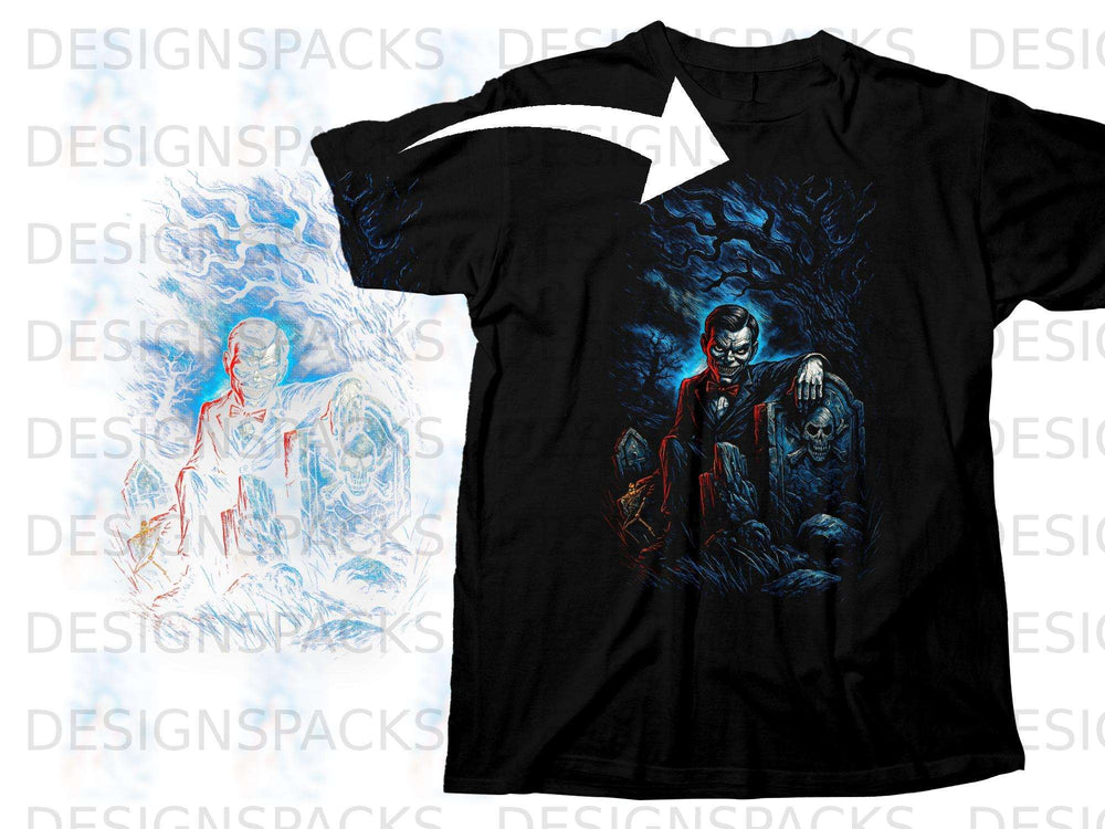 Black t-shirt with a gothic graveyard design featuring a menacing figure and skulls.