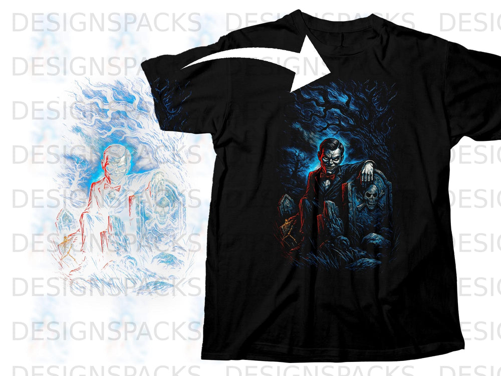 Black t-shirt with a gothic graveyard design featuring a menacing figure and skulls.