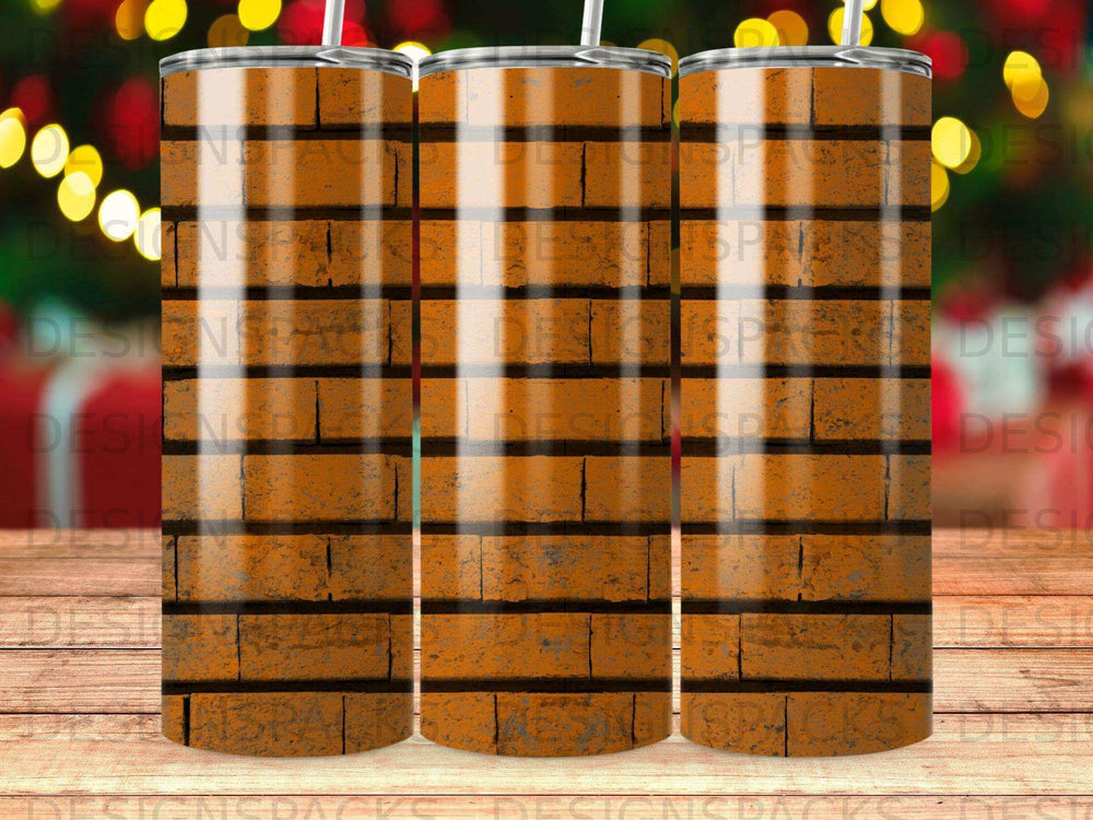 Orange brick pattern on a cylindrical tumbler with straw.