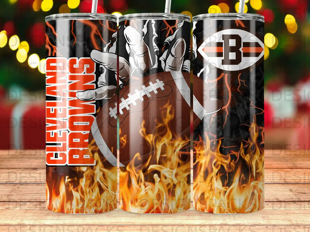 Cleveland Browns football with flaming background on tumbler.