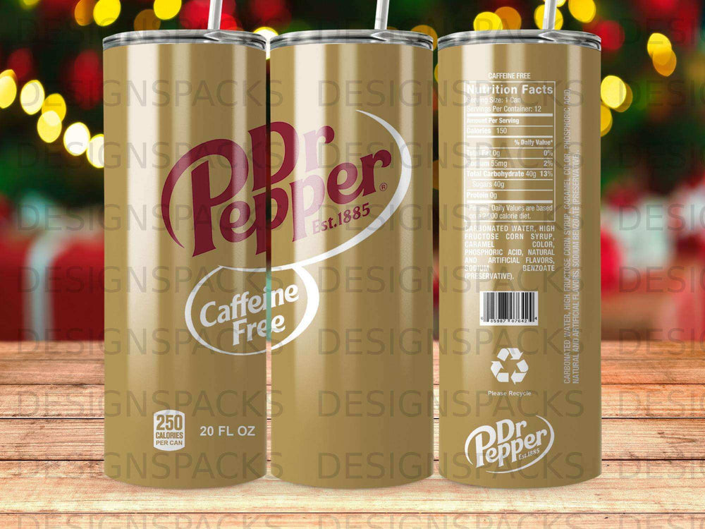 Dr Pepper 20 fl oz can, caffeine-free, with nutrition facts displayed.
