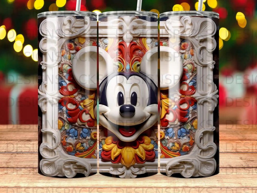 Mickey Mouse face in ornate relief surrounded by colorful floral patterns.