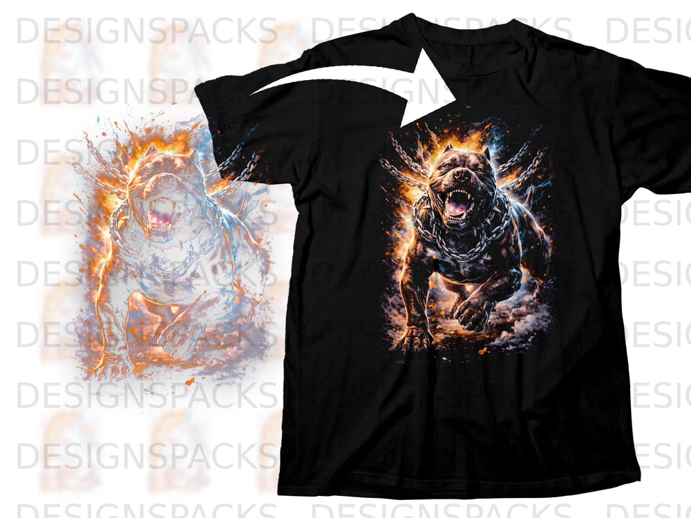 Black t-shirt with a fierce pitbull design, chained and surrounded by fire and smoke.