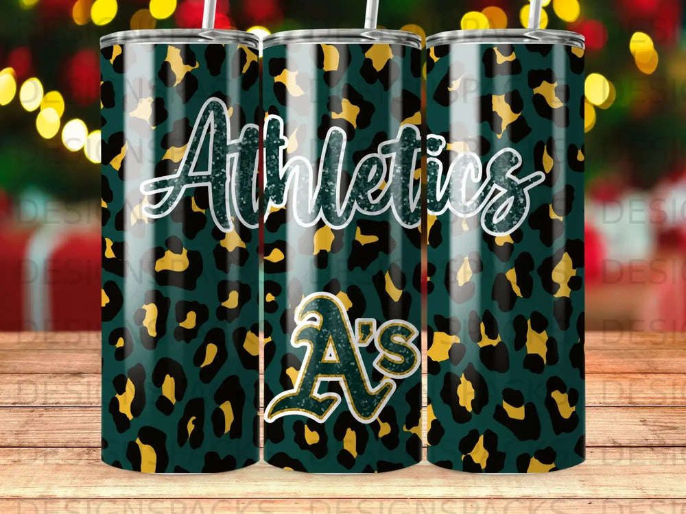 Athletics A's logo on a leopard print tumbler.