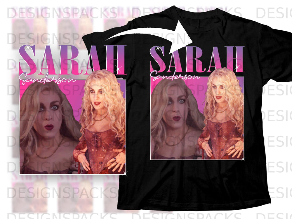 Sarah Sanderson Hocus Pocus graphic on black t-shirt with two images.