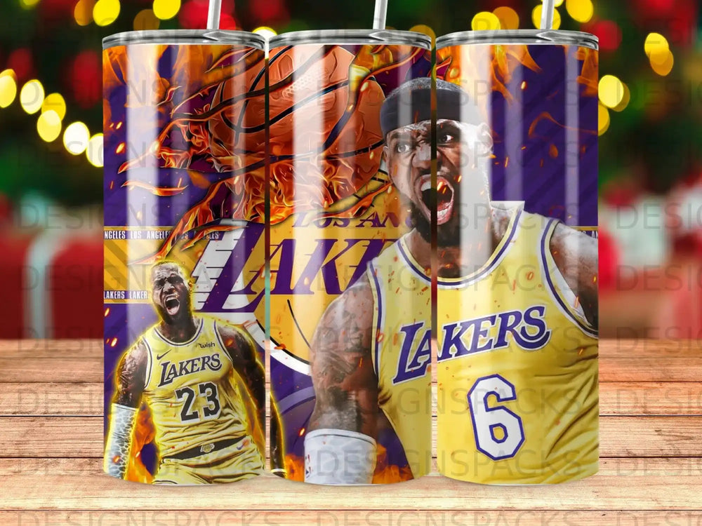 LeBron James in Lakers uniform with flames and basketball graphic on tumbler.