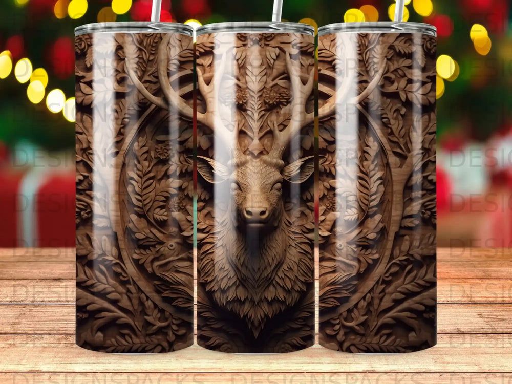 Wood-carved tumbler featuring a detailed stag's head with ornate foliage.
