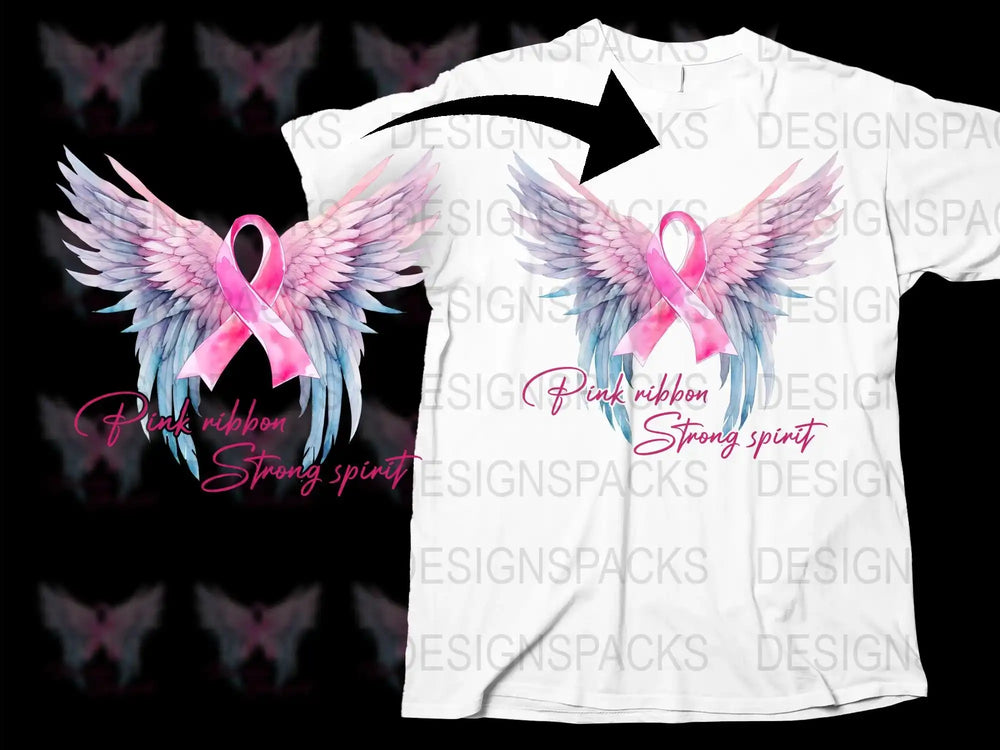 Pink Ribbon Breast Cancer Awareness T-Shirt, Angel Wings Graphic Tee, Strong Spirit Feminine Shirt Design