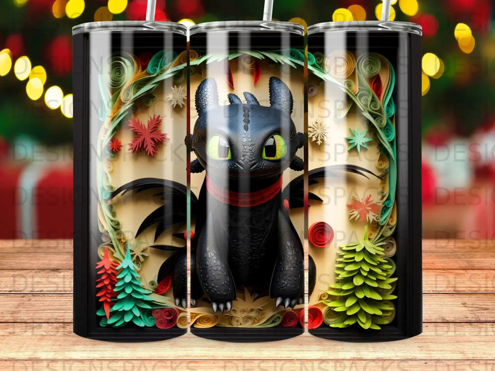 Toothless the dragon in a Christmas-themed papercraft display.