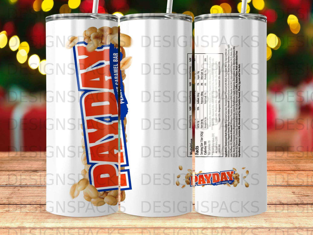 Peanut Caramel Bar nutrition label on a tumbler with peanuts.