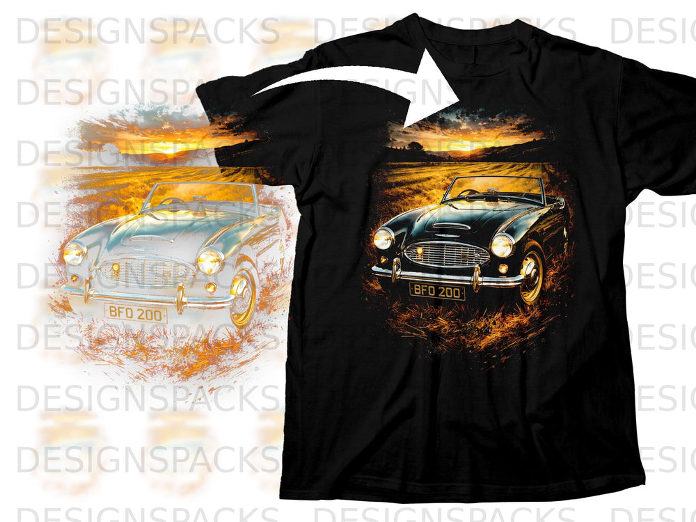 Black t-shirt with graphic of a classic convertible car at sunset with "BFO 200" license plate.