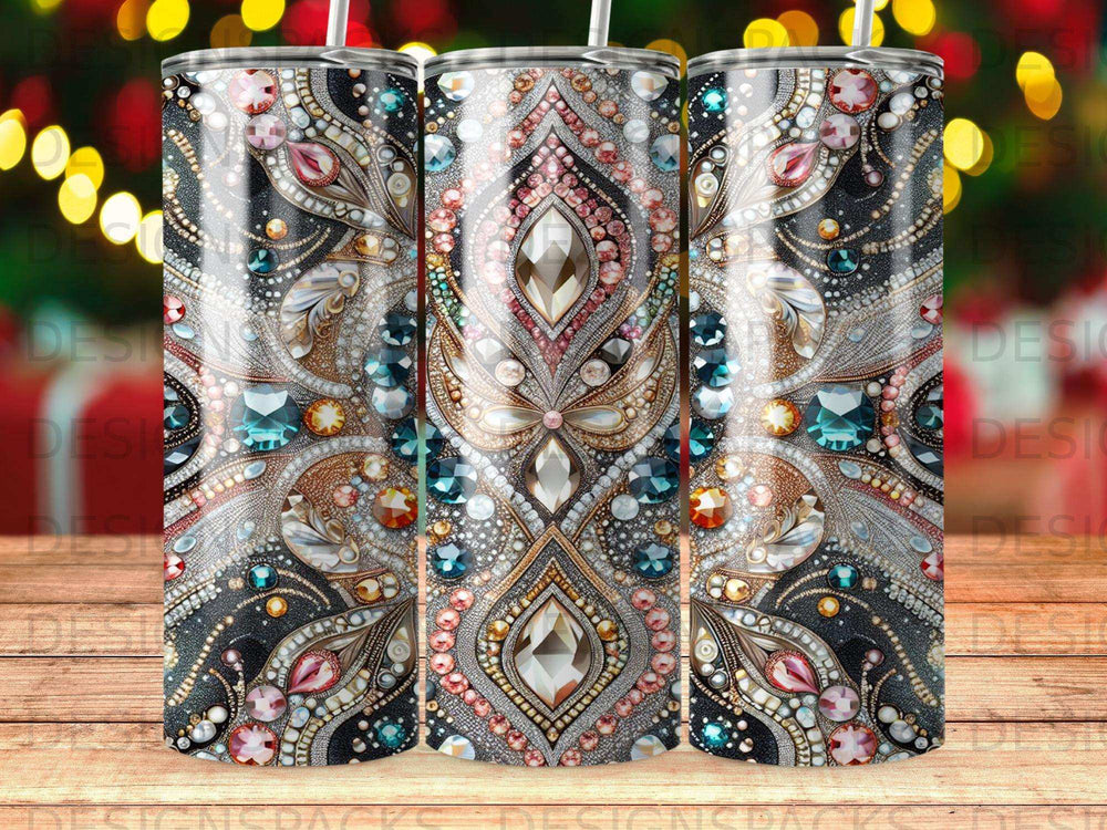 Glittering mandala design with colorful rhinestones and jewels on a tumbler.