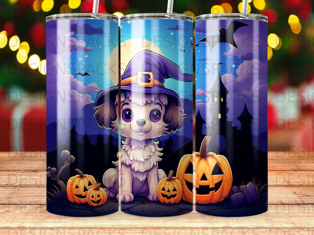 Puppy in witch hat with jack-o'-lanterns on Halloween night.