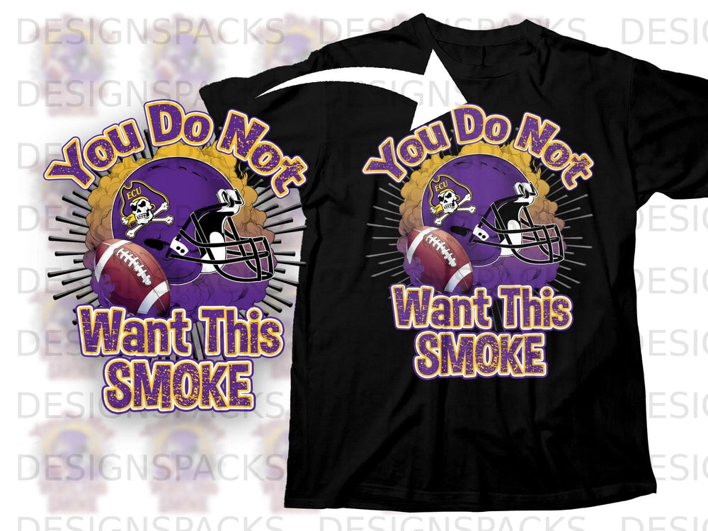 Black t-shirt with purple helmet, football, and "You Do Not Want This Smoke" text.