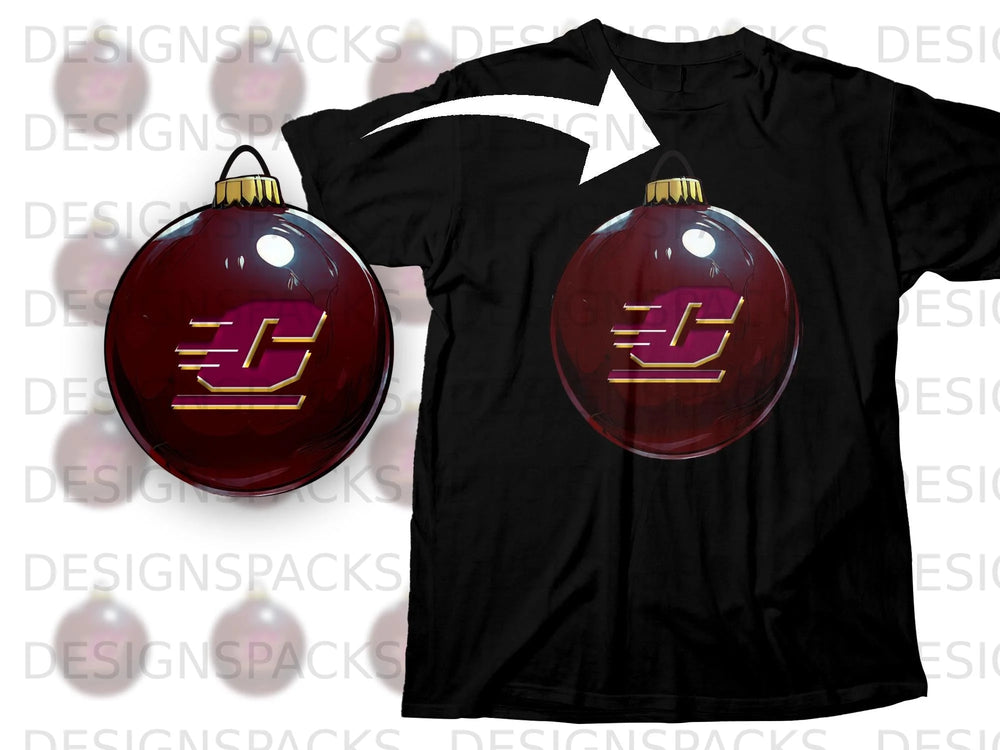 Black t-shirt featuring a burgundy Christmas ornament with a gold logo.