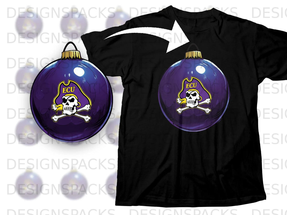 Black t-shirt featuring a purple ECU pirate ornament graphic.