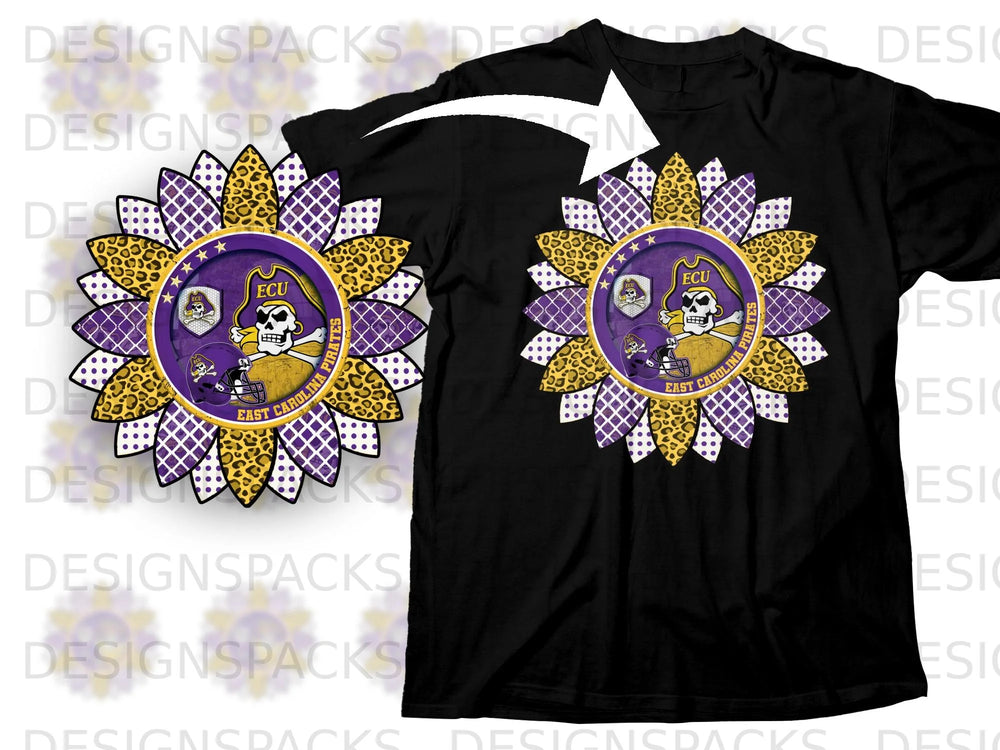 Black t-shirt featuring a sunflower design with East Carolina Pirates logo.
