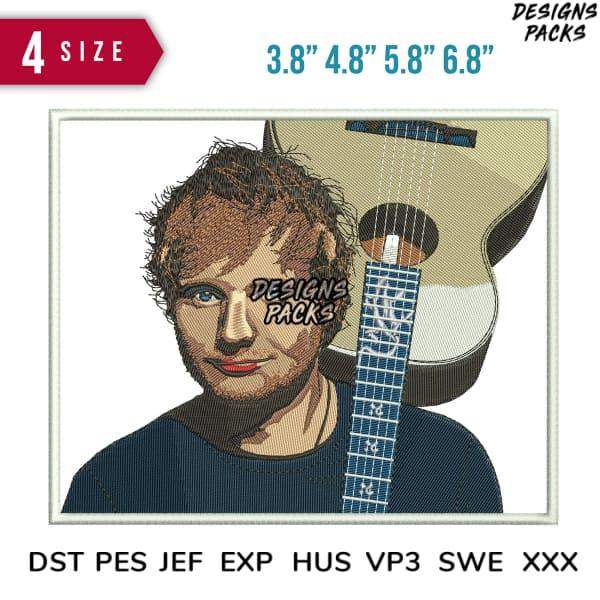 Ed Sheeran embroidery design with guitar, 4 sizes, DST PES JEF formats, print-ready for DTG/DTF