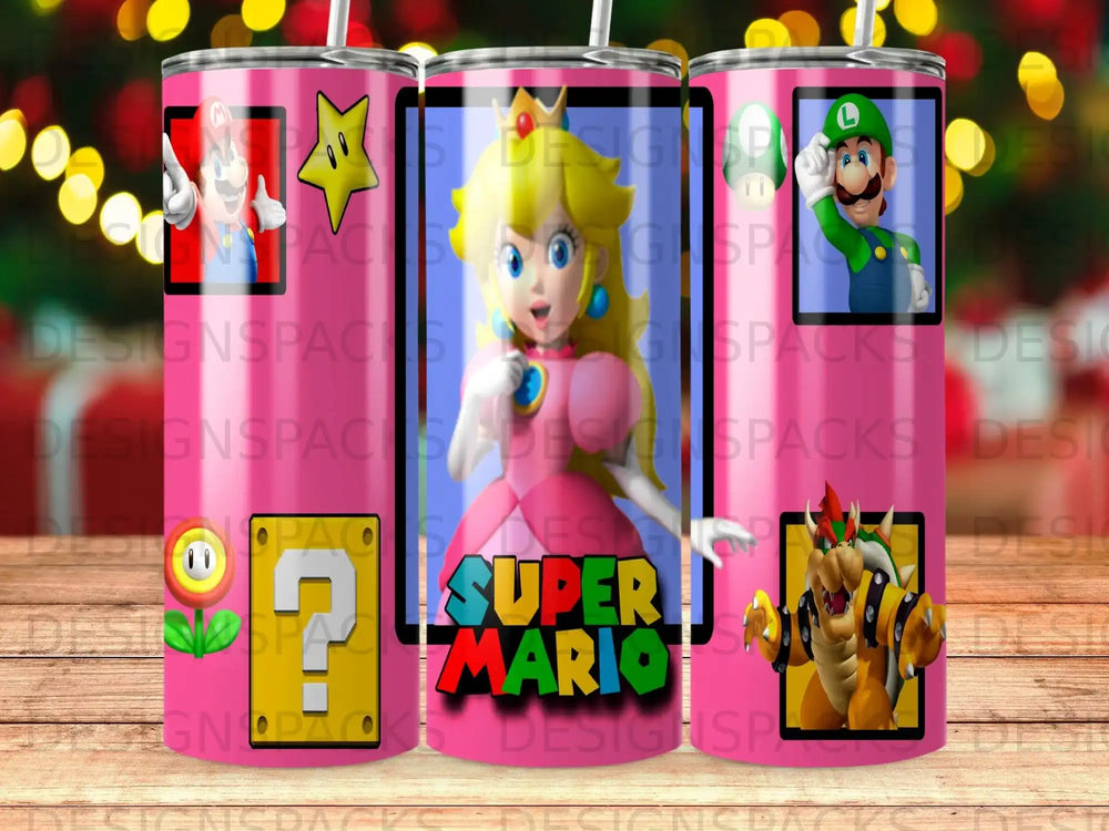 Super Mario characters including Peach, Mario, and Bowser on a pink tumbler.