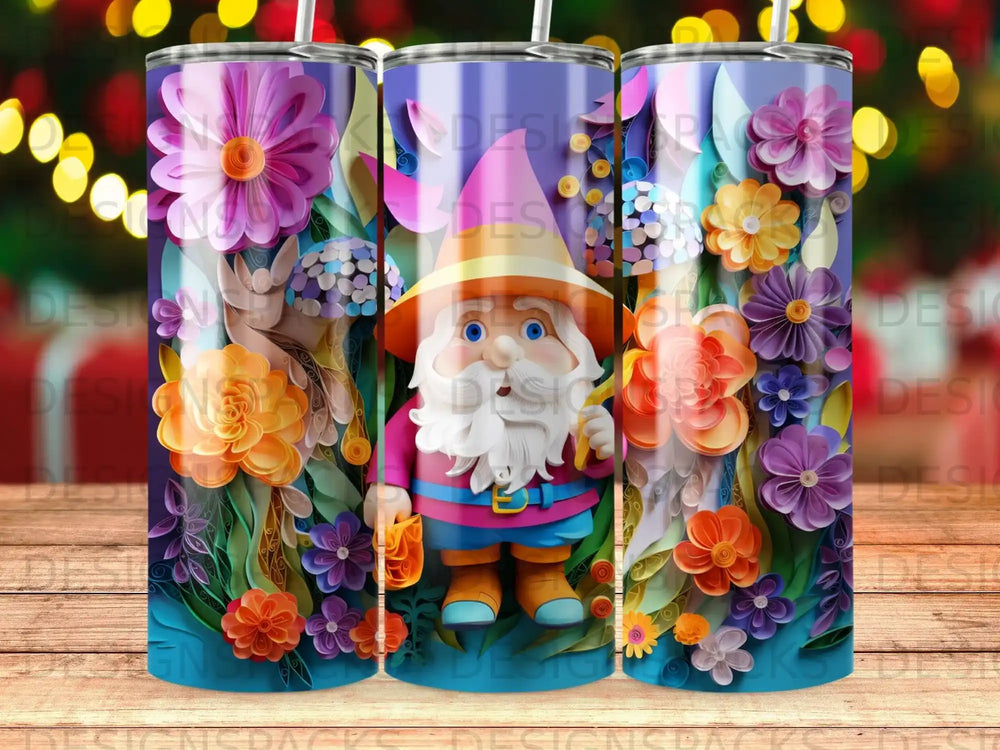 Gnome character surrounded by colorful flowers and foliage.