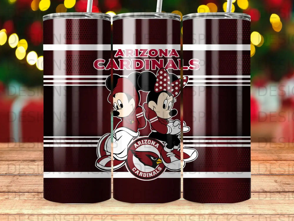 Arizona Cardinals Mickey and Minnie Mouse tumbler with team logo.