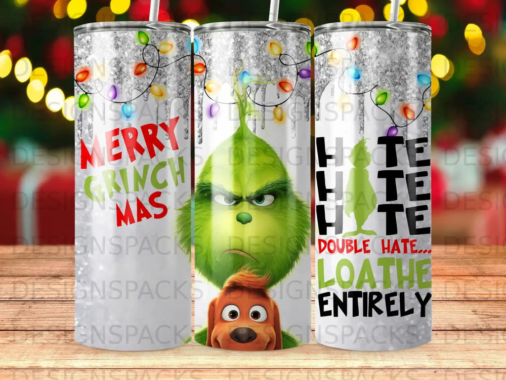 Grinch character with "Merry Grinch Mas" and "Hate Double Loathe Entirely" text.