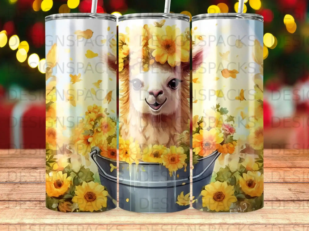 Llama with sunflowers in bucket watercolor art tumbler.