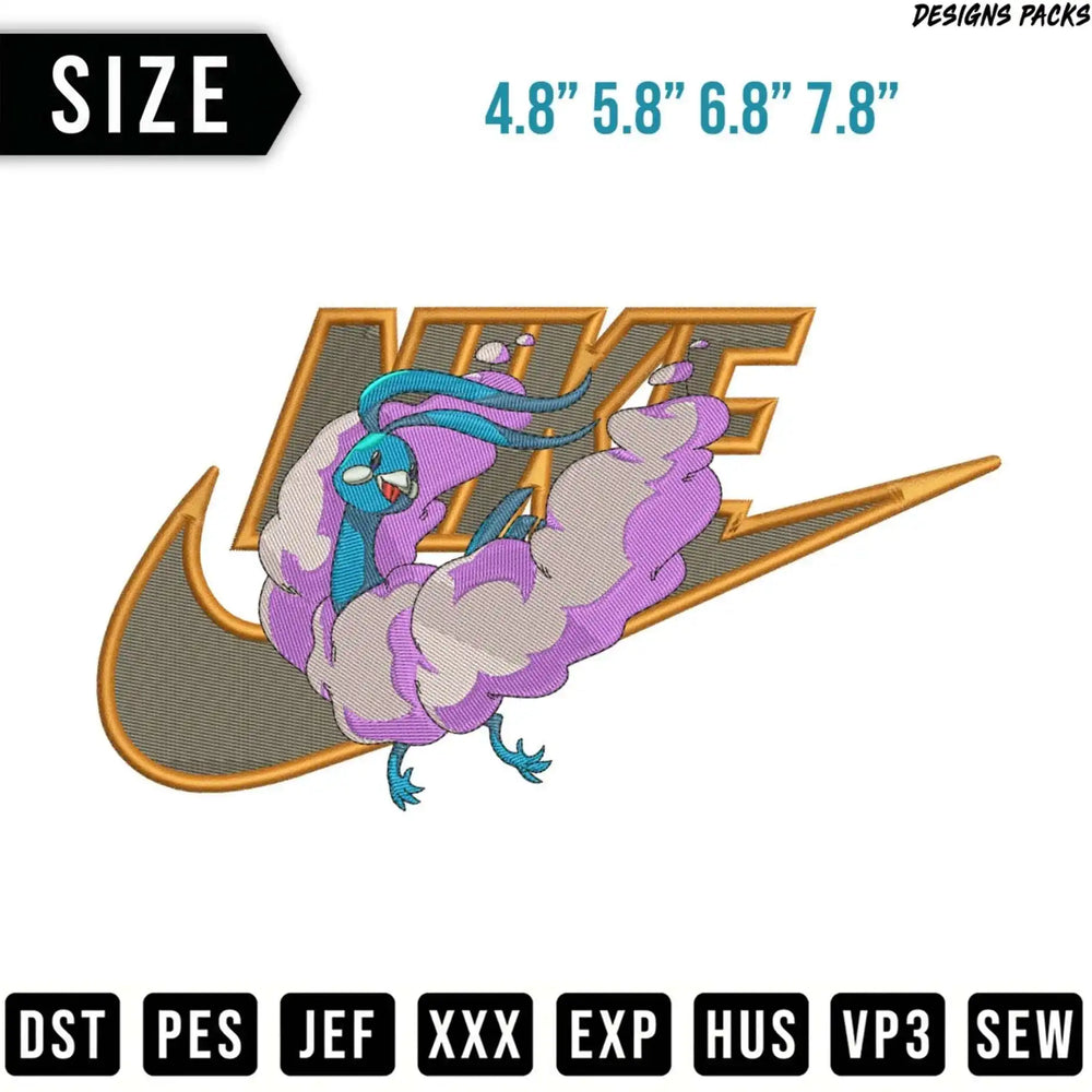 Nike logo with a purple and blue feathered creature in front.