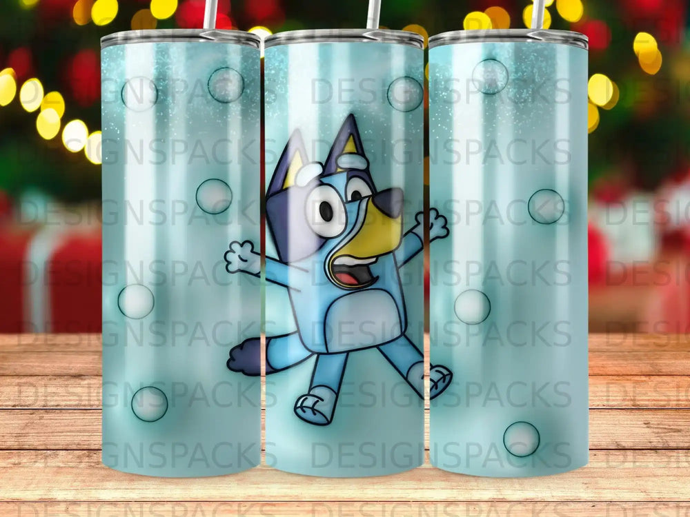 Bluey character on a blue and teal gradient tumbler with repeated logo.