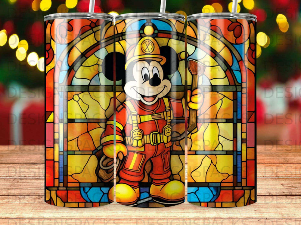 Mickey Mouse as a firefighter in a stained-glass window design.