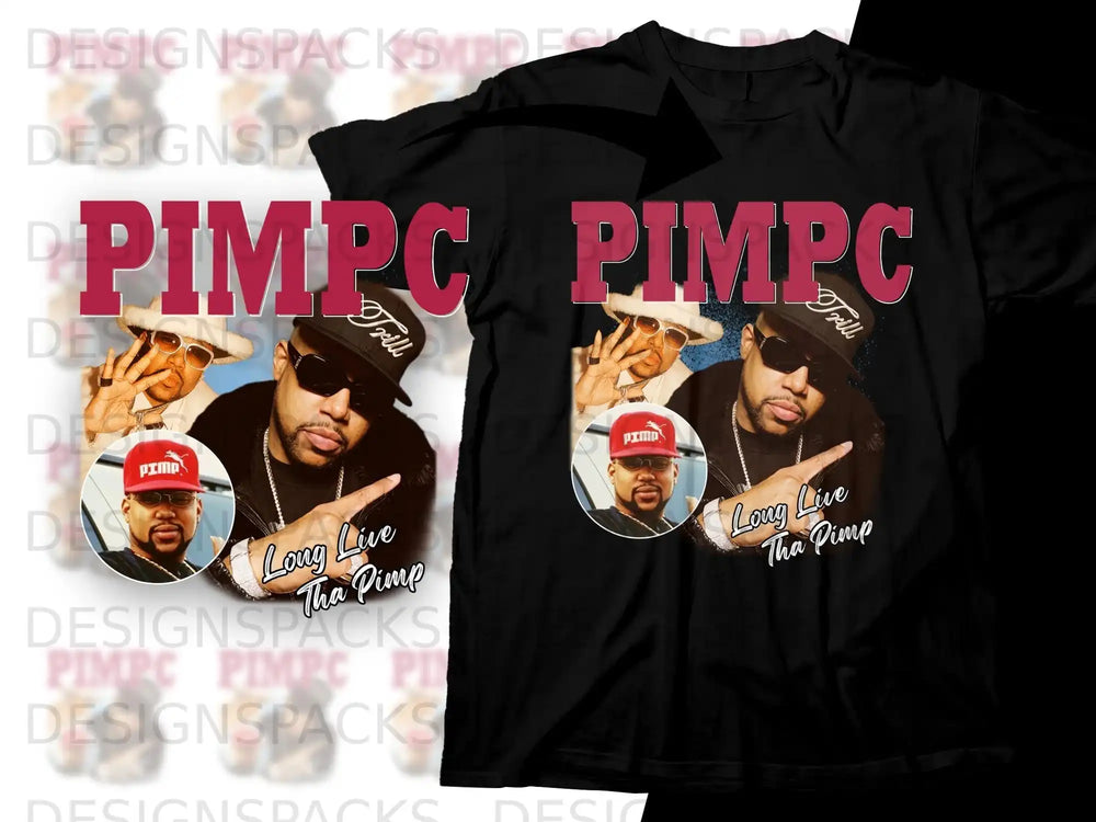 Men's graphic t-shirt with "Pimp" logo, sunglasses, and "Long Live Tha Pimp" text.