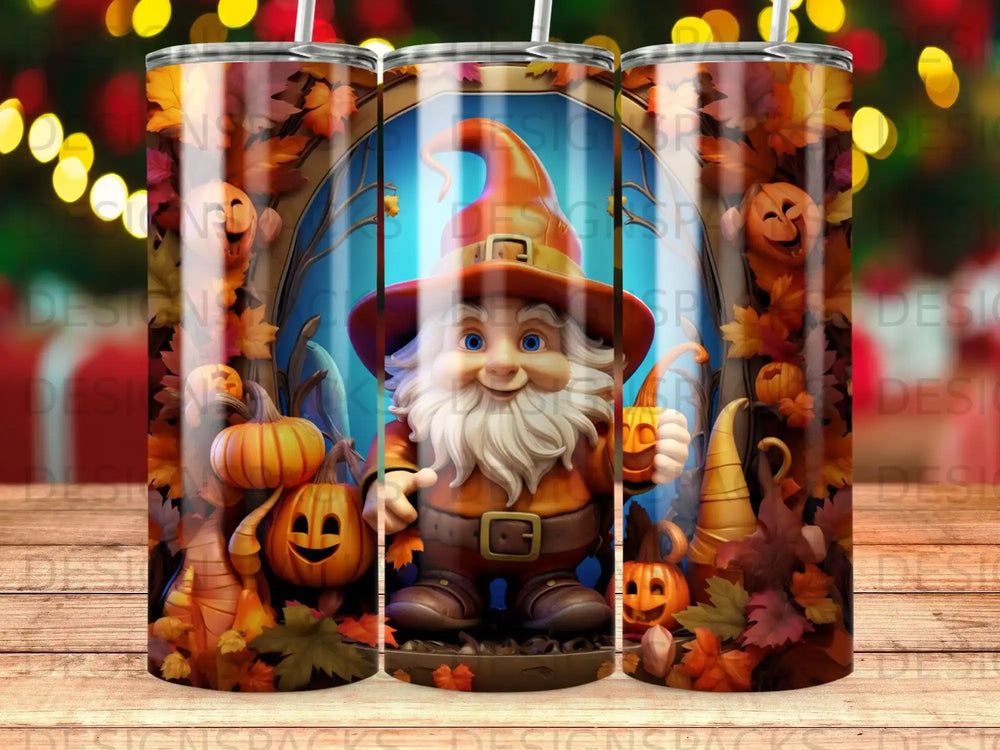 Autumn gnome with pumpkins, leaves, and jack-o'-lanterns, holding a glowing pumpkin.