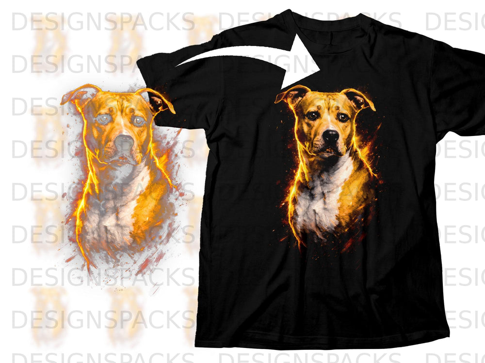 Black t-shirt featuring a pit bull dog with fiery accents.