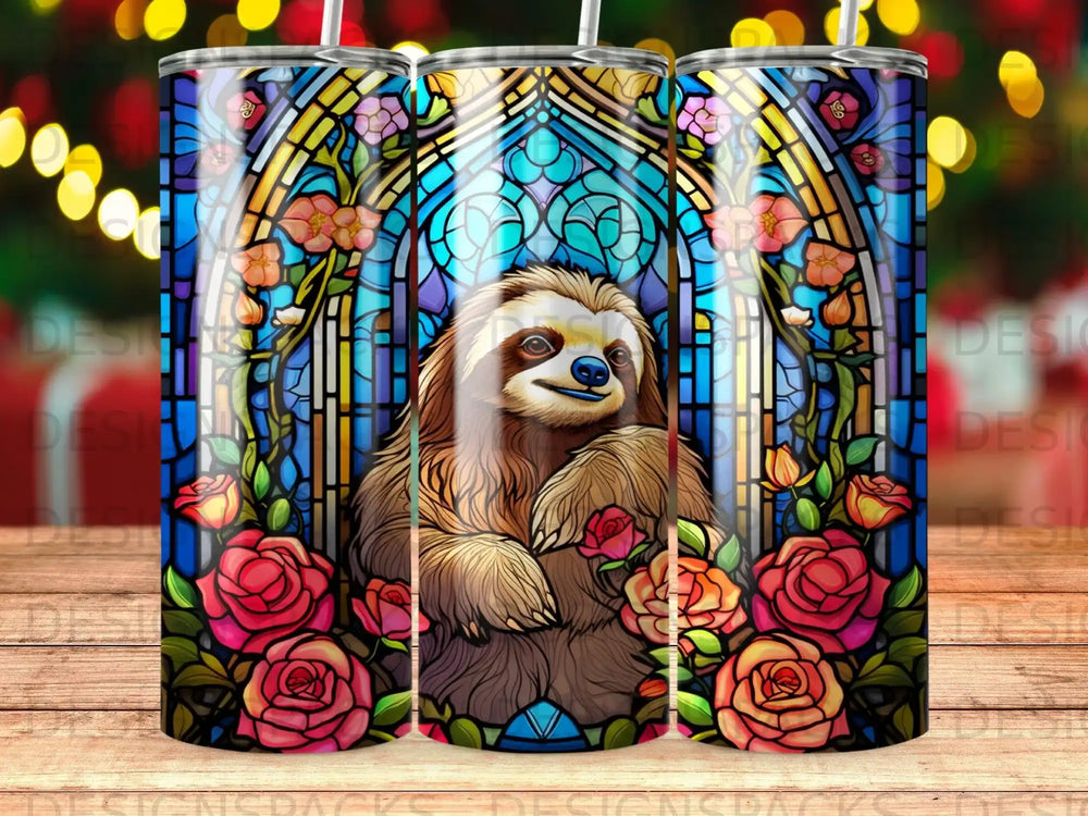 Sloth in stained glass with roses, on a colorful tumbler.