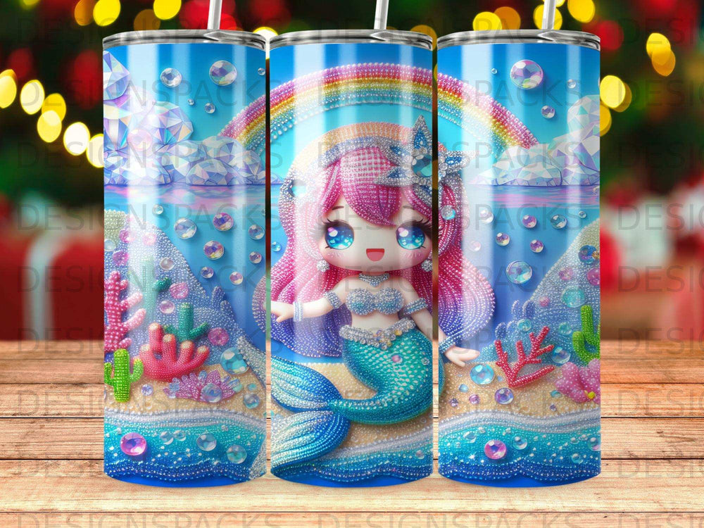 Chibi mermaid with rainbow, ocean, and sparkly details.