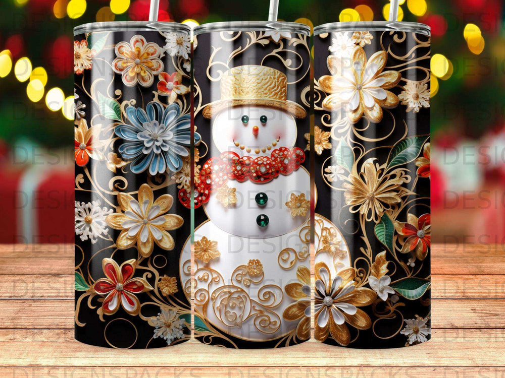 Snowman with floral accents on a black tumbler.
