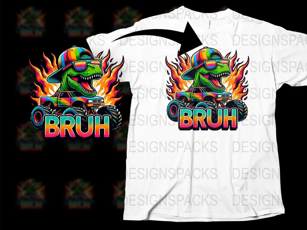 Colorful Bruh Monster Graphic T-Shirt, Cool Flame Design, Hipster Streetwear, Men's Fashion Tee, Vibrant Casual Top, Unique Gift Idea