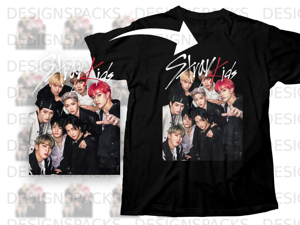 Stray Kids members in a group pose on a black t-shirt.