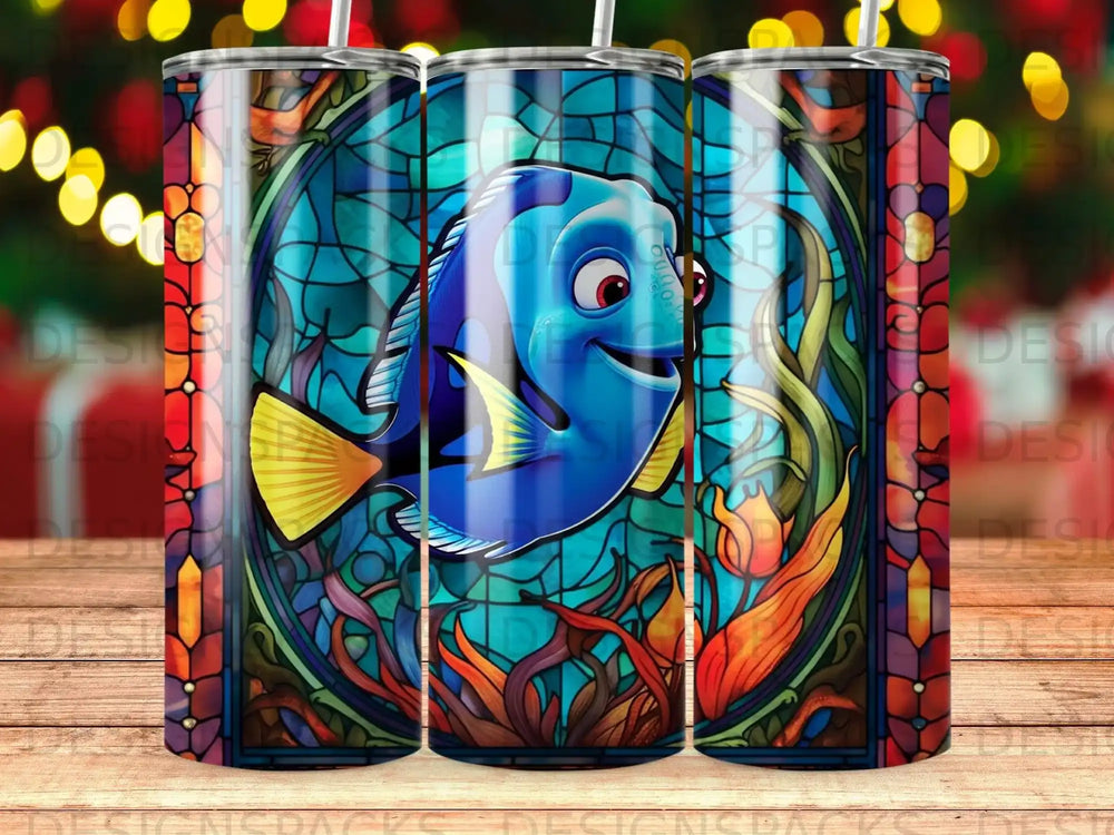 Dory from Finding Nemo swims in a stained-glass style underwater scene.