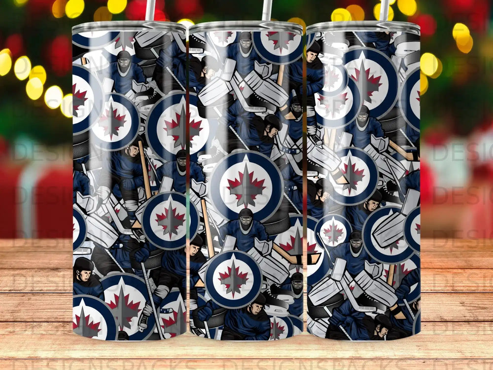 Winnipeg Jets goalie pattern on a cylindrical tumbler.