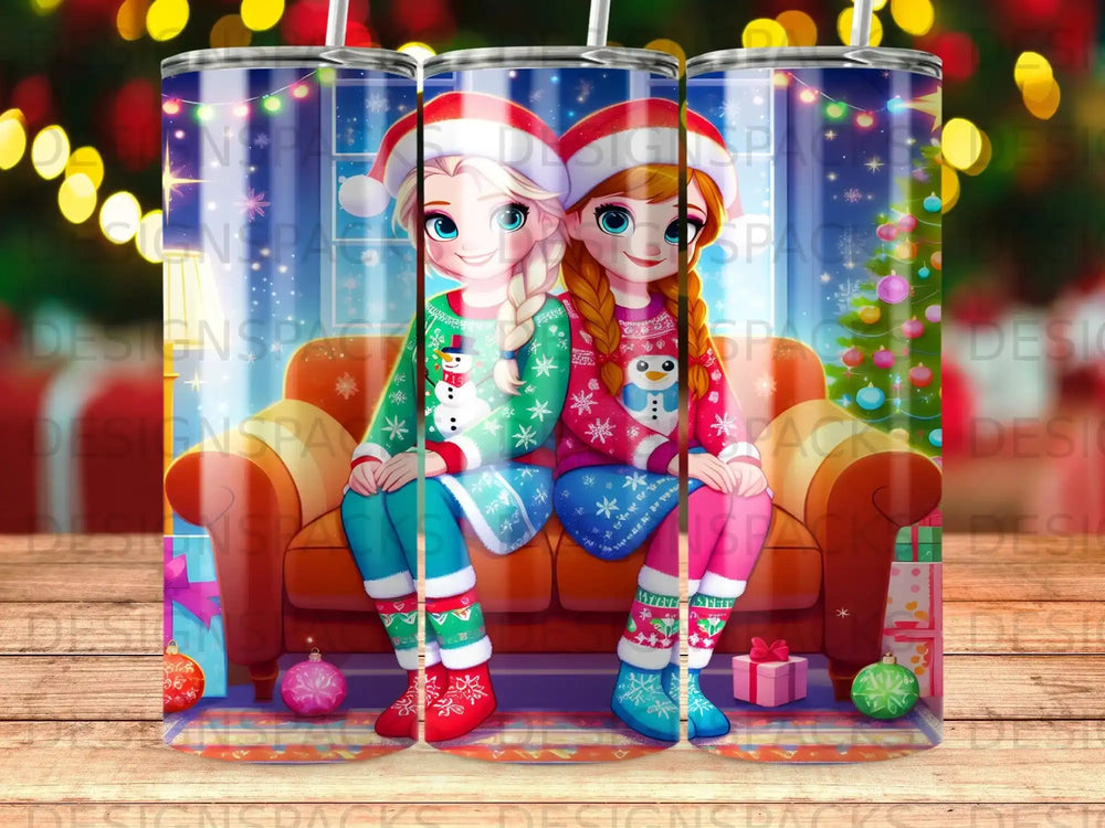 Two cartoon girls, Elsa and Anna, in festive sweaters and socks, sitting on an orange couch.
