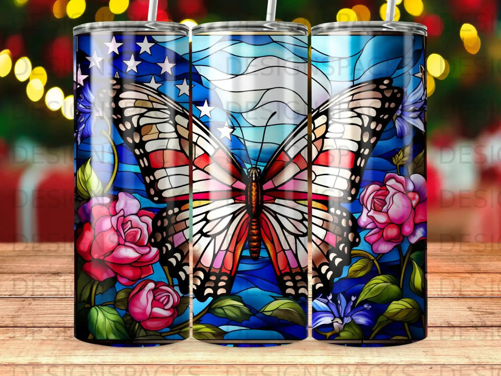 Stained glass butterfly with American flag wings and floral border.