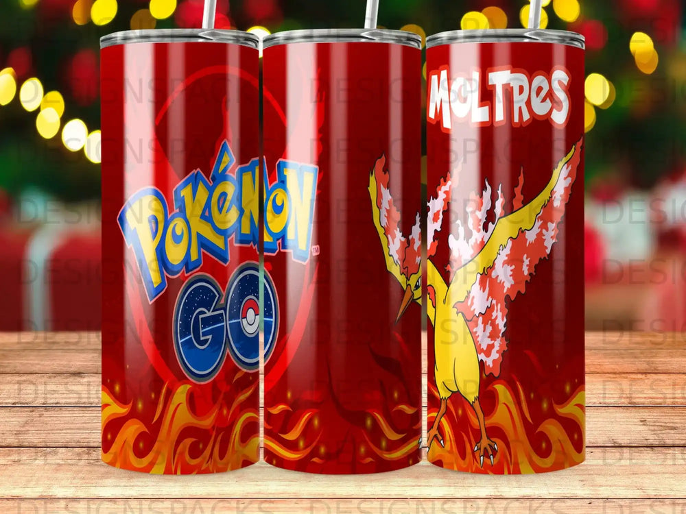 Pokemon GO Moltres tumbler with flames and logos.
