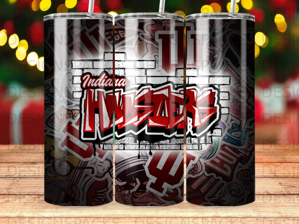 Indiana Hoosiers logo on a brick wall pattern tumbler.