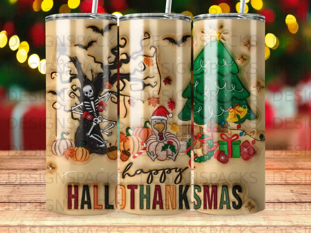 Gobble thanks with a spooky tree, turkey, gifts, and "Hallowthanksmas" text.
