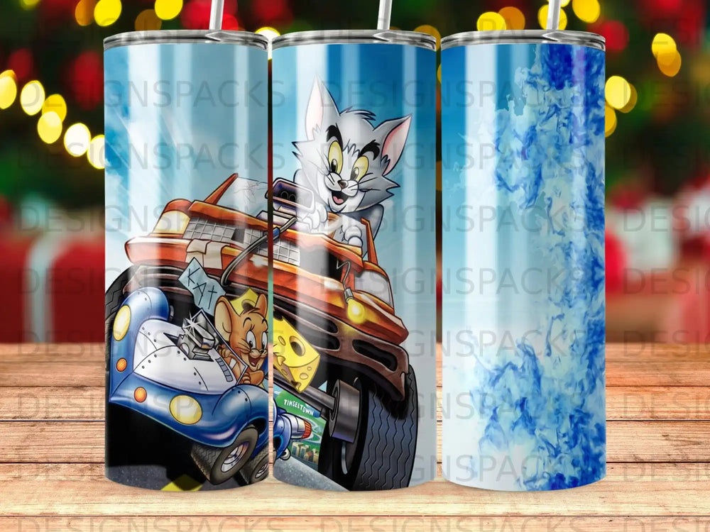 Tom and Jerry in a car with Tinseltown text on a blue marble background.