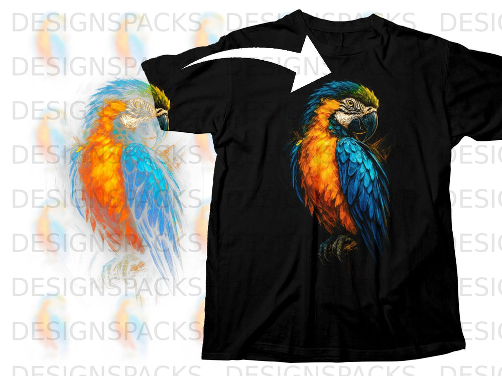Black t-shirt with a vibrant macaw graphic on the chest.